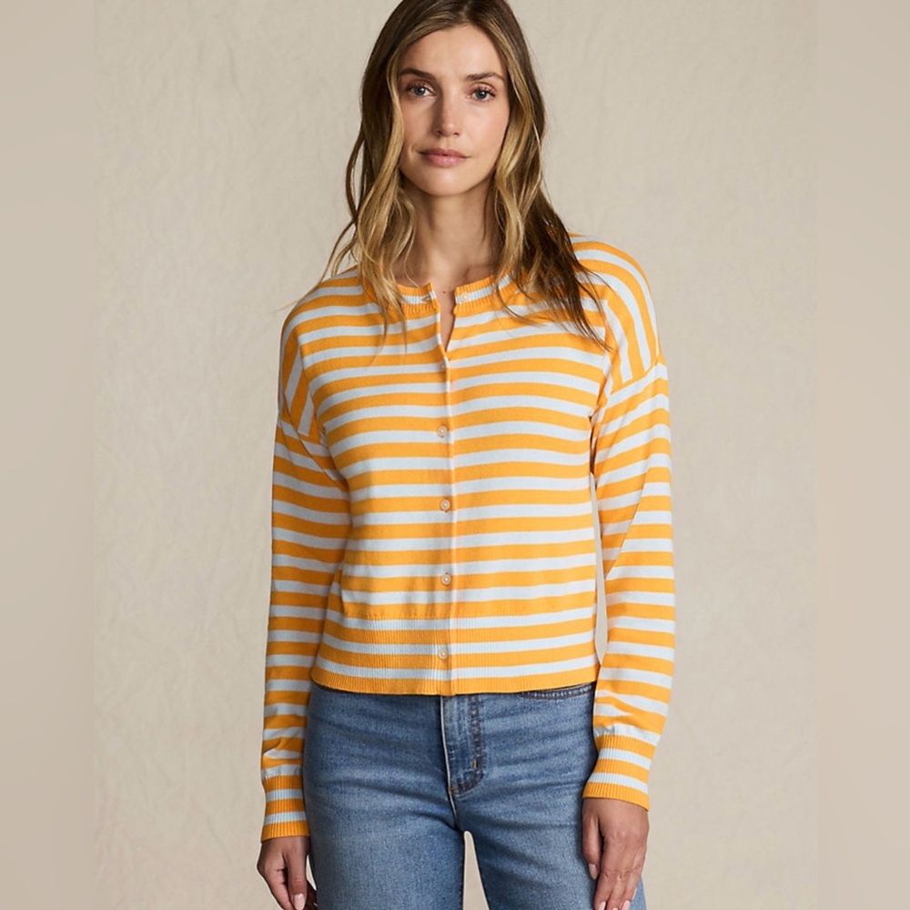Lands' End Yellow and White Striped Fine Gauge Crew Neck Cardigan Sweater Size M